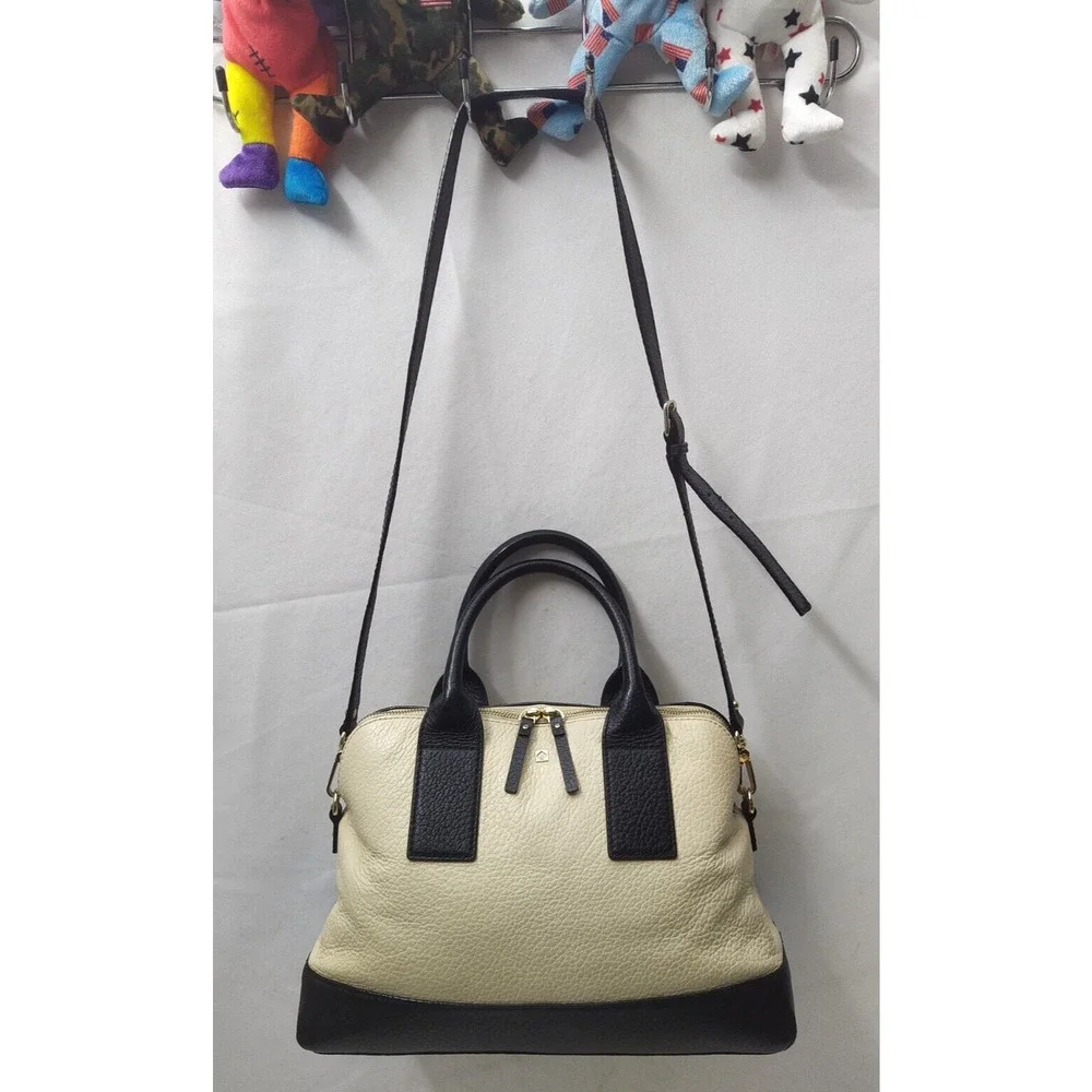 Kate Spade New York Colorblock Ivory Black Pebbled Leather Zipper Satchel Bag